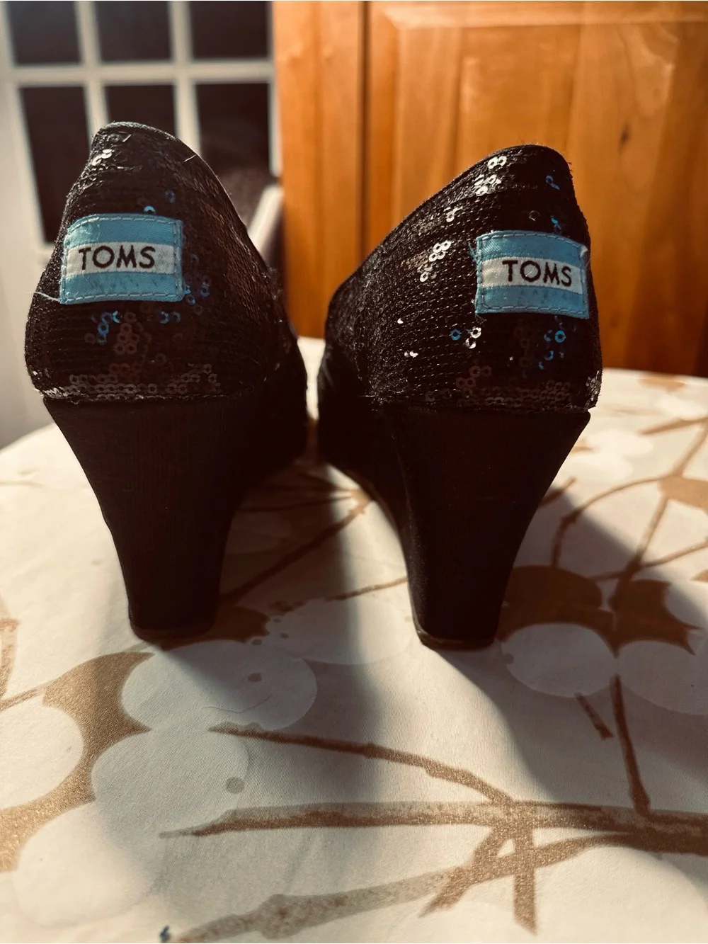 TOMS Black Sequin Wedge Peep-Toe Heels, Size 11 Wide, EUC, Wedge heel is 3.75”.